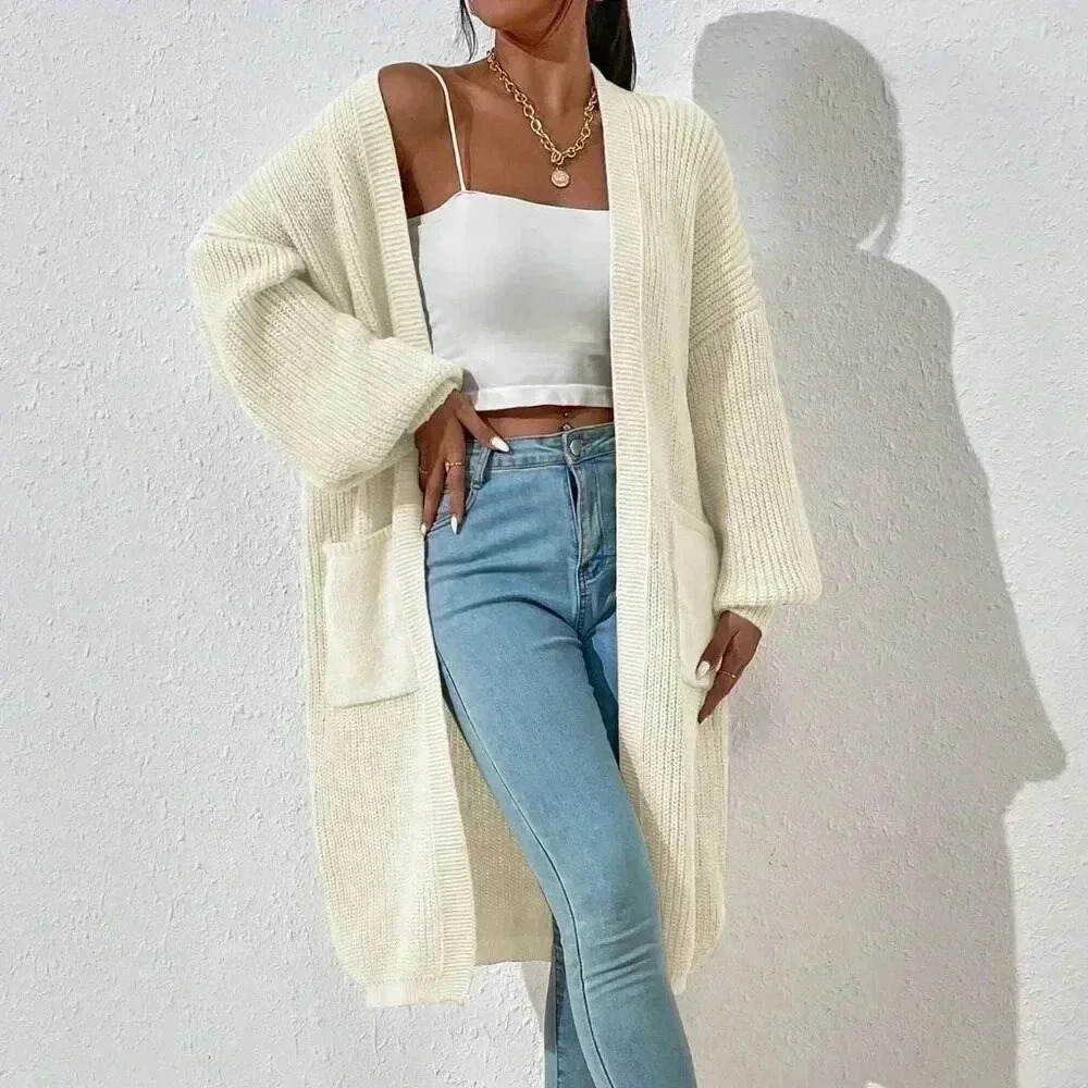 Beige Casual Women's Dual Pocket Drop Shoulder Open Front Cardigan